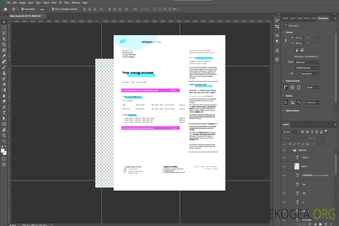 Facture commerciale du service public d'Octopus Energy SCR page 1 template Facture commerciale du service public d'Octopus Energy SCR page 1 template